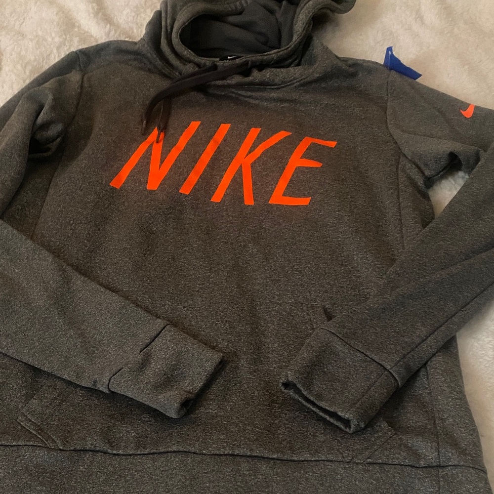 Nike Men's Gray Hoodie with Bright Orange Logo